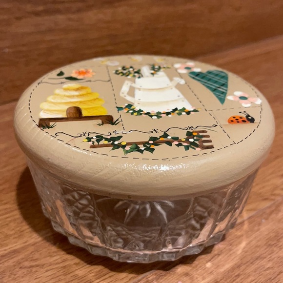 France Glass container bowl wood lid painted hand - Picture 1 of 7